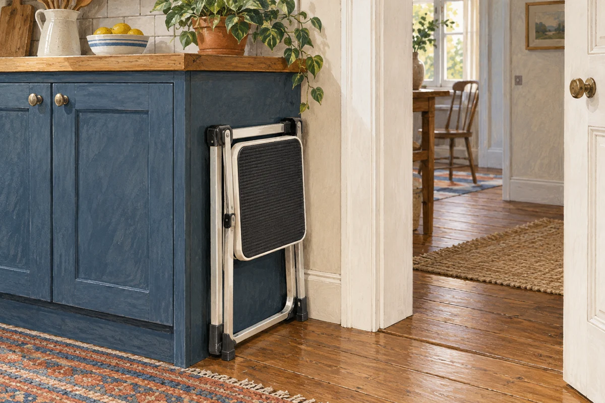 Illustration of a folding stool beside a storage space