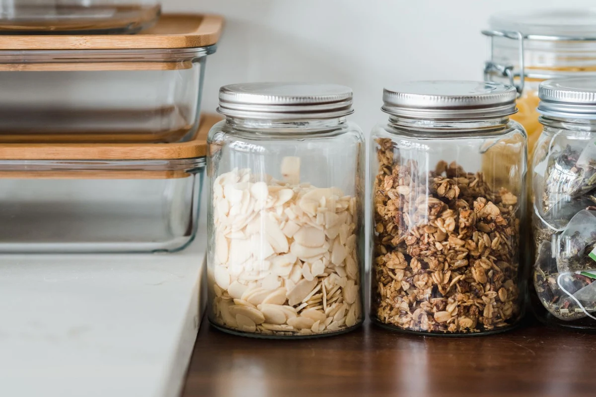 Food storage jars and containers on a kitchen counter