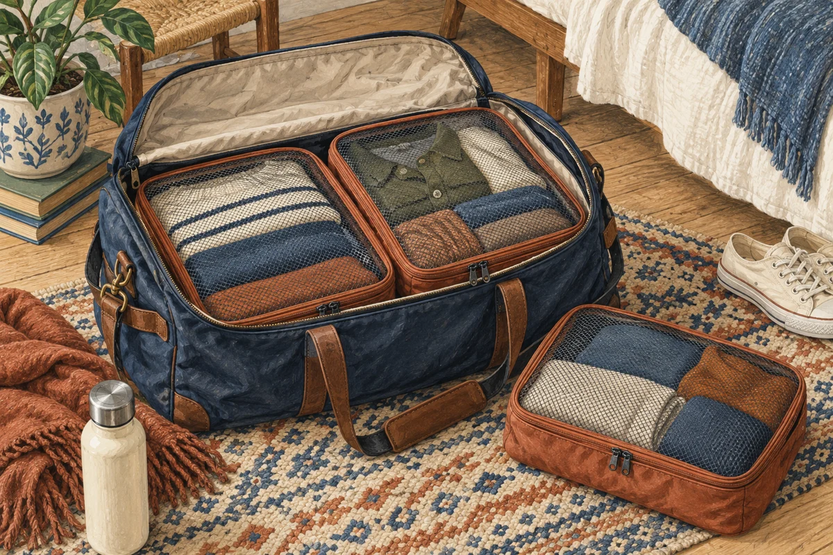 Illustration of clothes organised in travel packing cubes