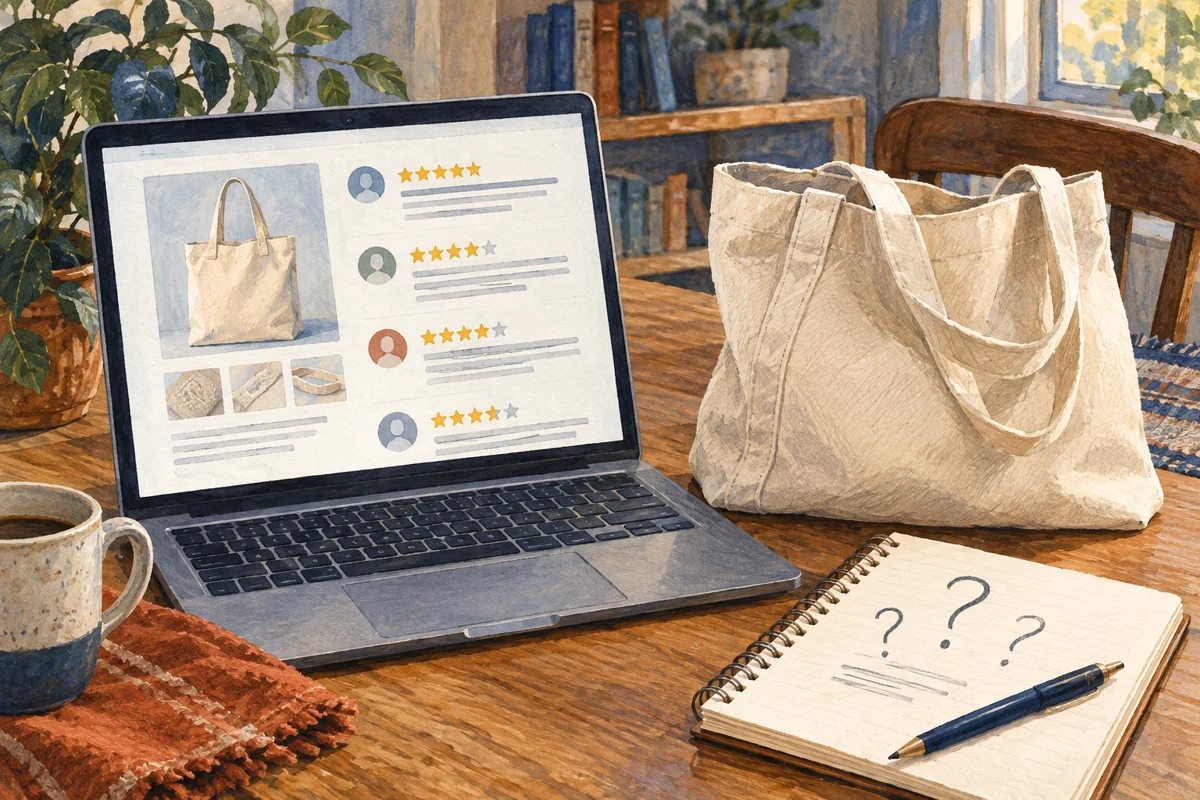 Illustration of reading product reviews and making notes