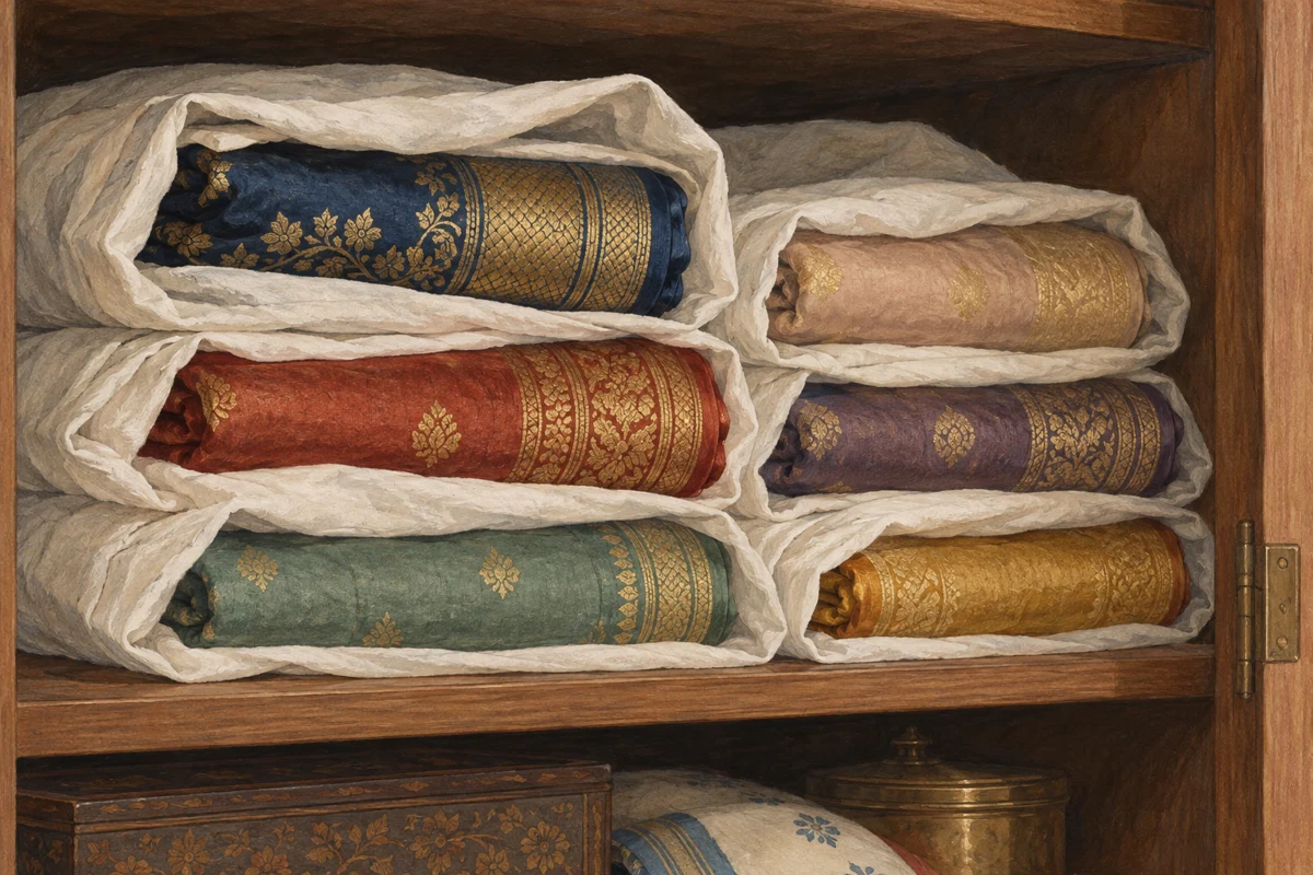 Illustration of folded sarees arranged for storage