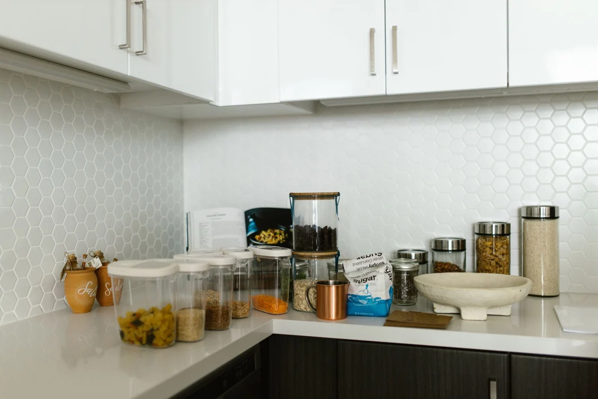 Food storage containers and lids on a counter