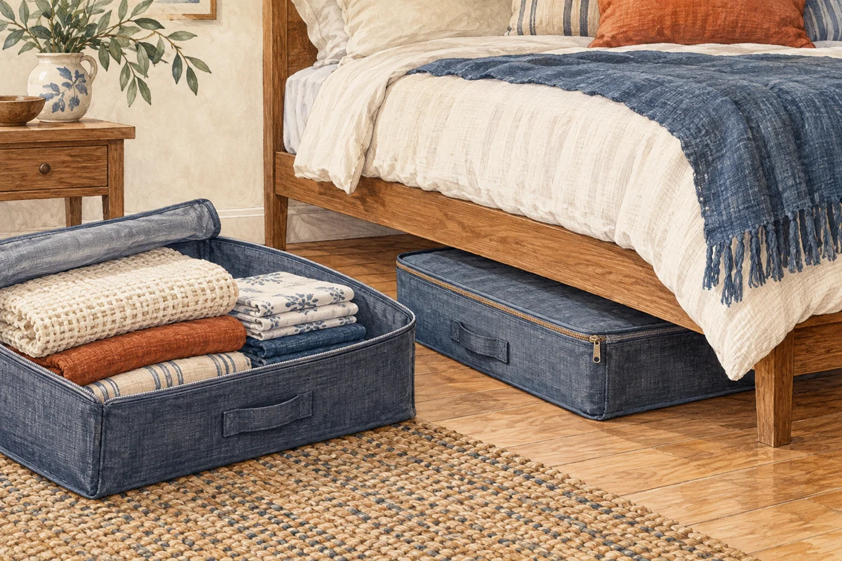 Illustration of fabric storage boxes sliding beneath a bed
