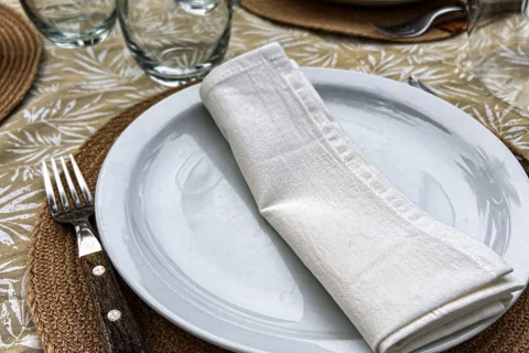 A cloth napkin placed on a dinner plate