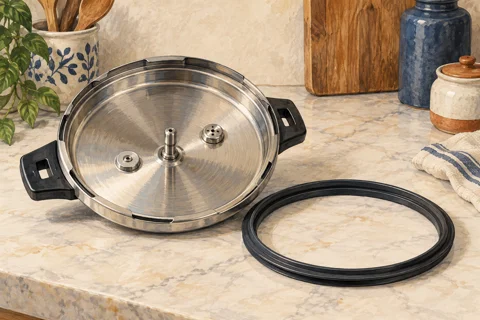 Illustration of a pressure cooker lid and separate sealing gasket
