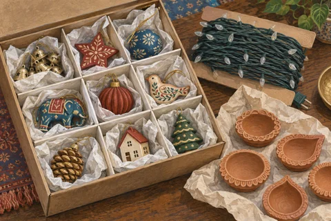 Illustration of decorations separated for storage