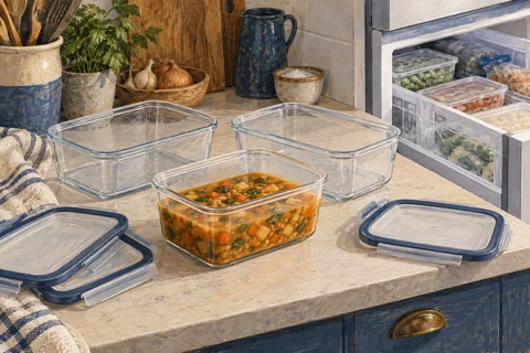 Illustration of lidded food containers with space above the contents