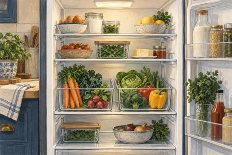 Illustration of containers arranged on refrigerator shelves