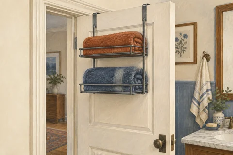 Illustration of a towel rack hooked over a door