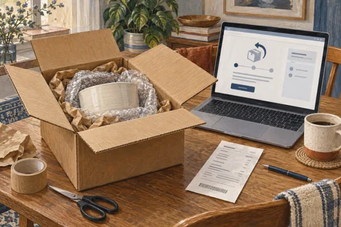 Illustration of checking purchase information beside a parcel