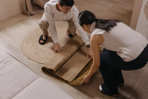 A rug being laid out on a living room floor