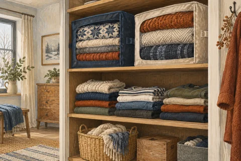 Illustration of seasonal bedding arranged on a shelf