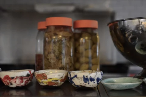 Small patterned ceramic bowls arranged on a counter