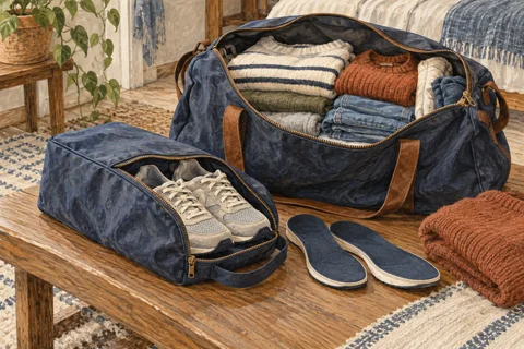 Illustration of shoes separated from clothing in travel luggage