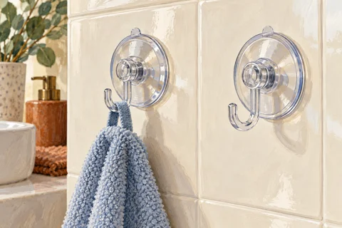 Illustration of suction hooks attached to smooth tiles